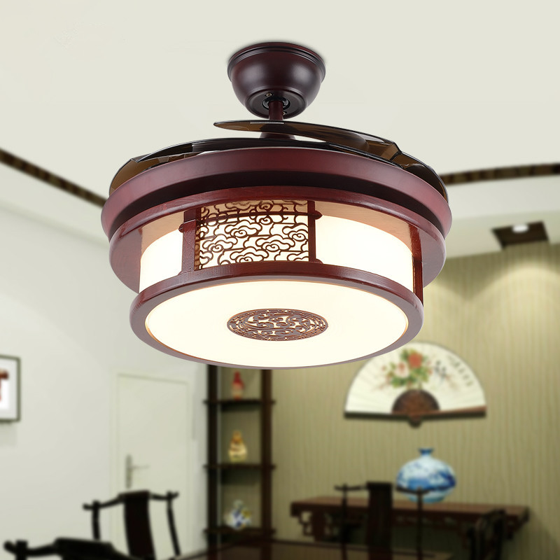 新款中式led隐形风扇灯吊扇复古典实木餐厅带灯电扇客厅卧室书房