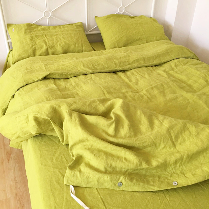 法国进口亚麻原料 水洗纯亚麻黄绿色床单枕套被套 秋冬亚麻床品