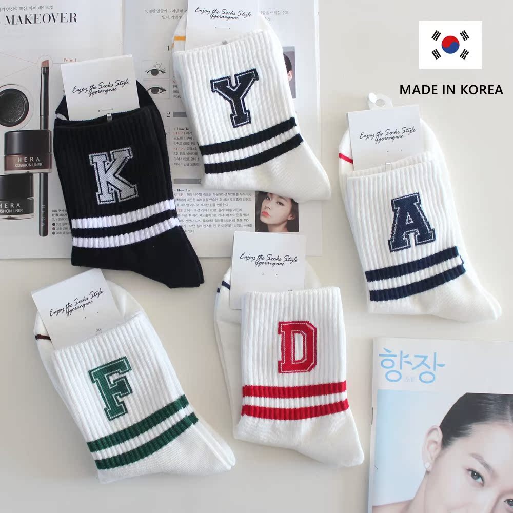 韩国进口正品现货ggorangnae新品女士学院风纯色条纹系列纯棉袜子