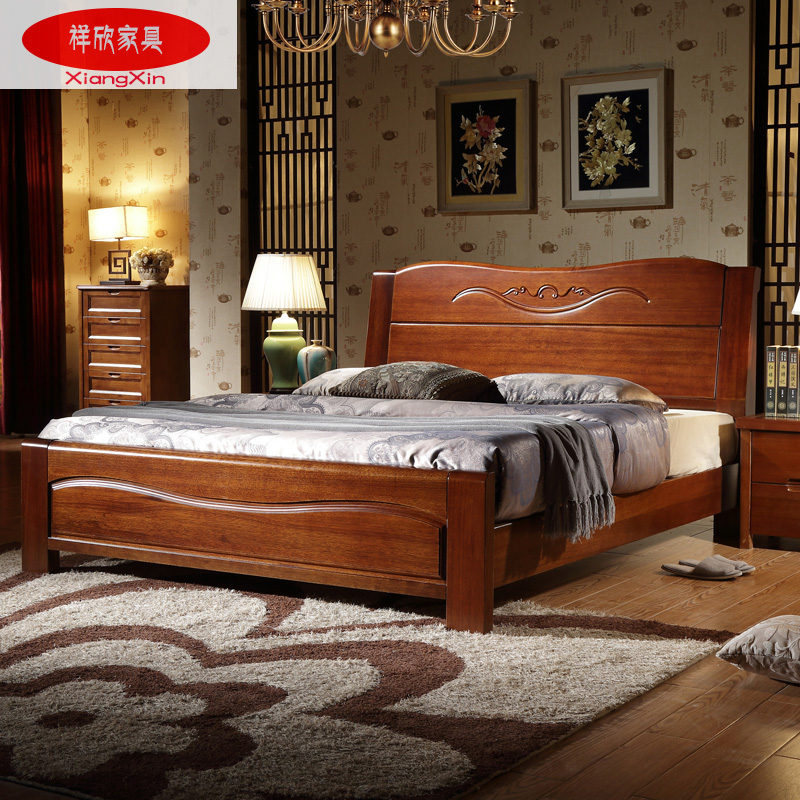 纯实木床1.5/1.8米双人床 现代中式胡桃木床木质床储物高箱床婚床
