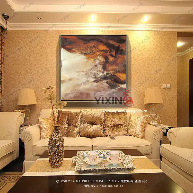 赵无极抽象纯手绘油画中式风格酒店客厅沙发背景墙装饰画
