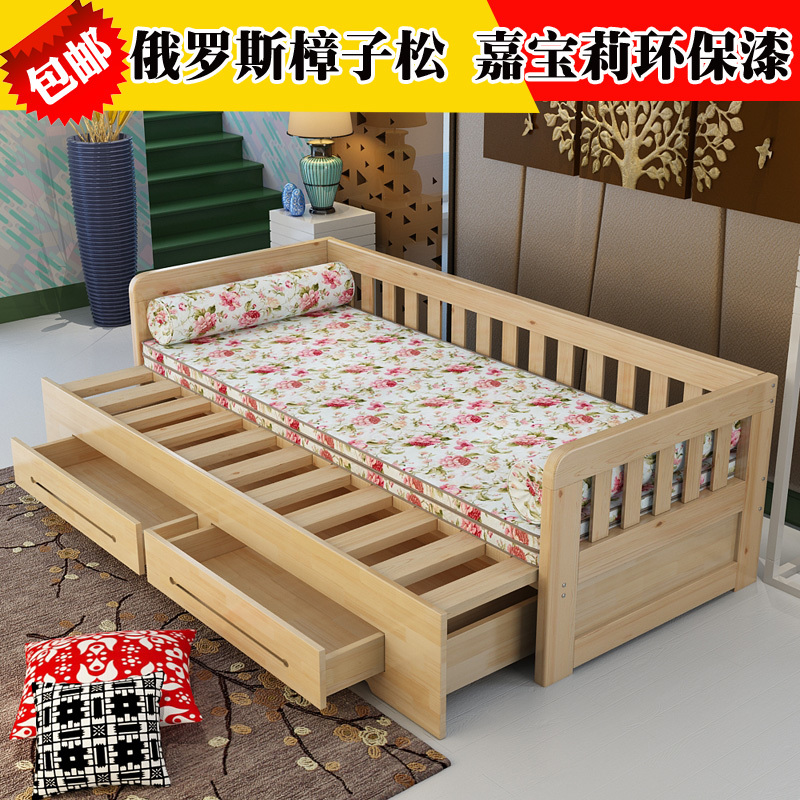 热销多功能卧室家具储物伸缩实木松木推拉两用组装 沙发床