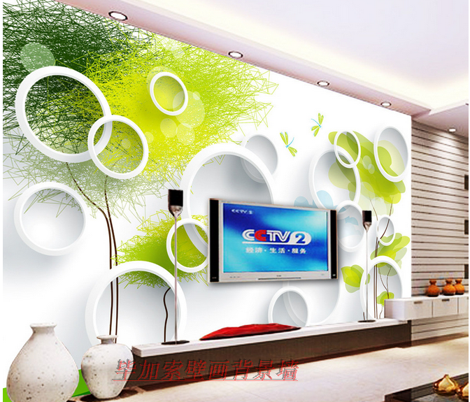 现代新款简约大方室内客厅装饰无框画抽象树3D圆圈电视背景墙壁画