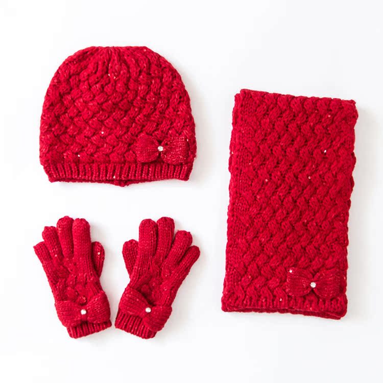 秋冬婴儿女童宝宝红色蝴蝶结针织毛线套头帽子手套围巾新年套装