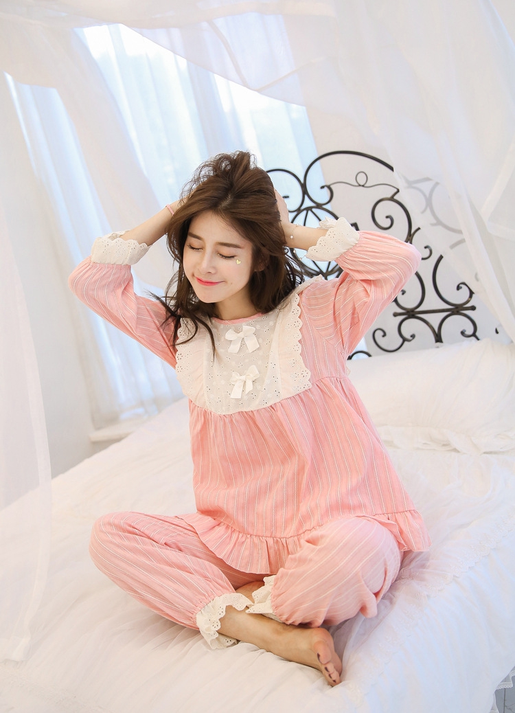秋季韩版棉麻花边甜美可爱女士睡衣套装 新款九分袖娃娃款家居服