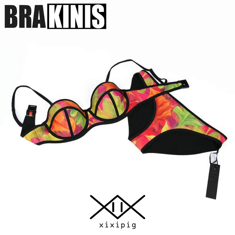 bikini澳洲正品泳衣女彩色三角比基尼分体性感保守聚拢钢托大小胸