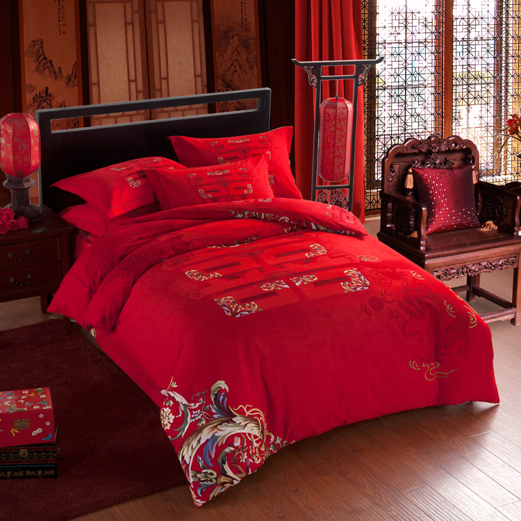 大红色婚庆纯棉磨毛四件套结婚全棉花田喜事床品被套床单双人大床