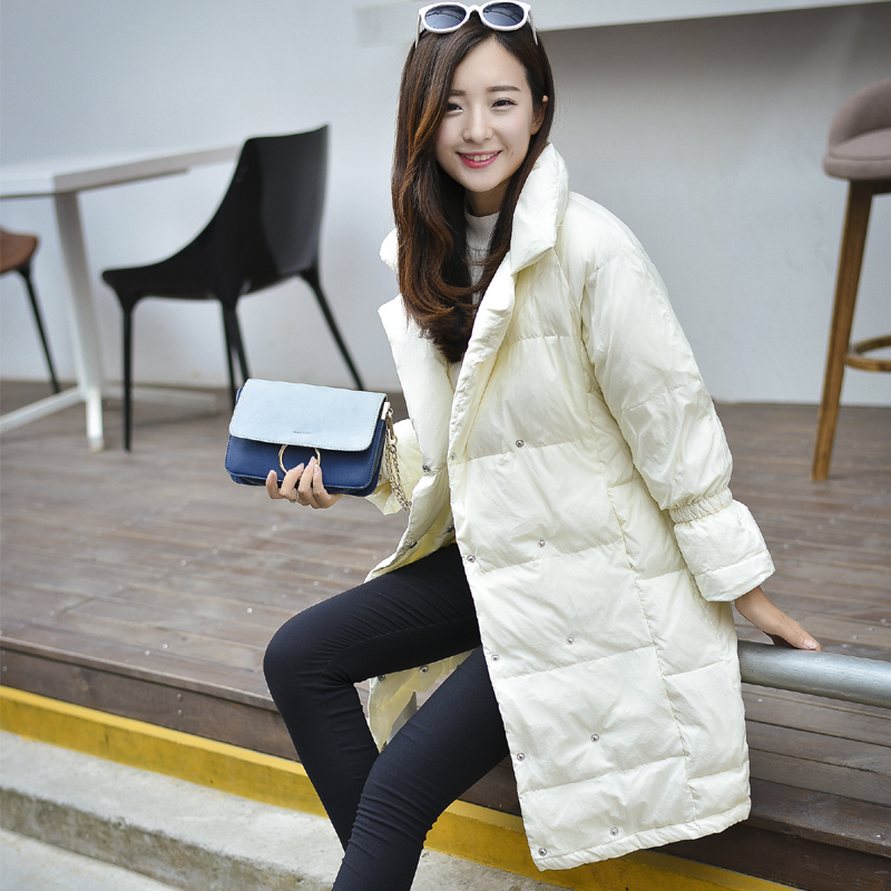 2016新款韩国纯色喇叭袖西装领双排扣羽绒服女中长款保暖女装外套