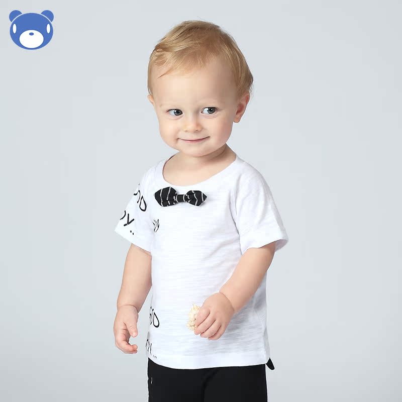 恰恰熊夏季男童领结棉麻T恤 0-3岁宽松时尚英伦范婴幼儿宝宝 包邮