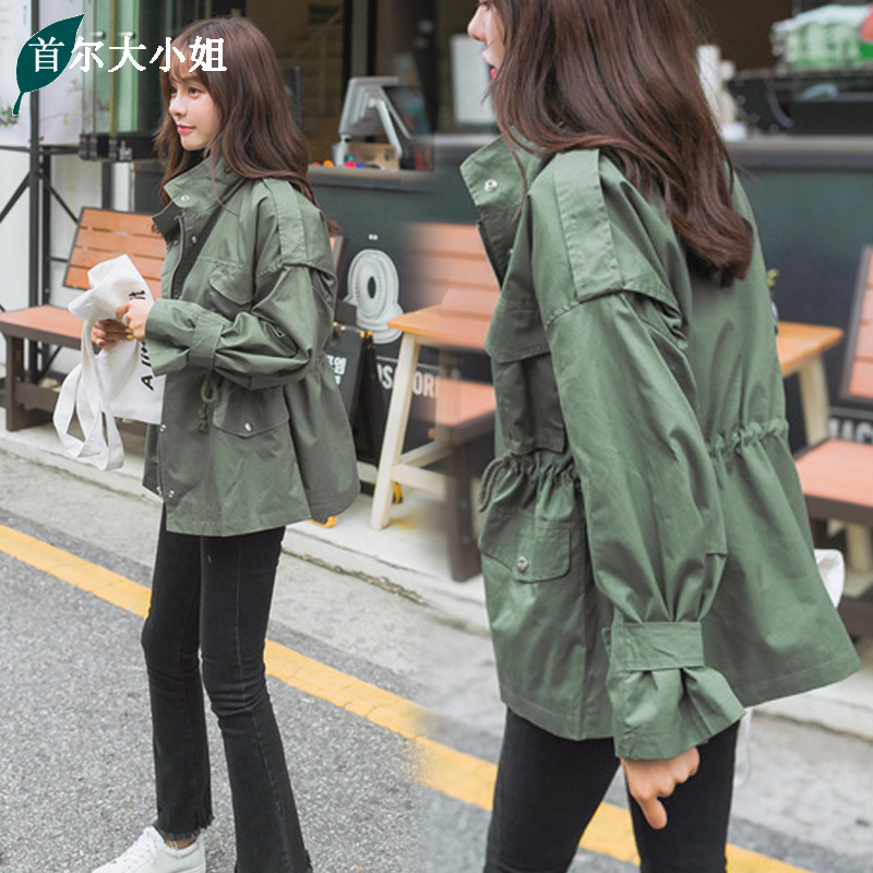 韩版抽绳薄款短款风衣女2015春装新款 军绿色外套学生学院风收腰