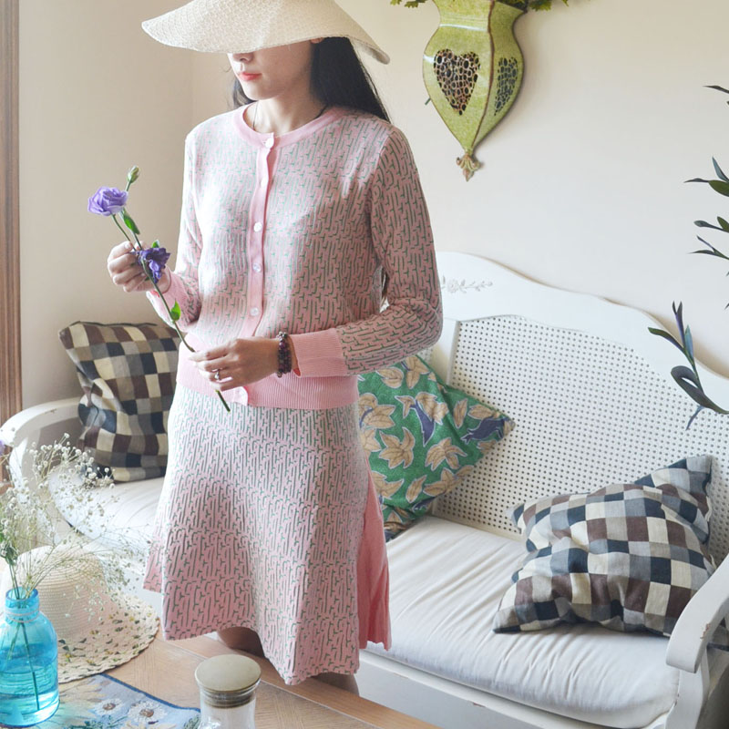 韩版秋冬新款女修身显瘦套装裙羊毛针织上衣包臀连衣裙两件套粉色