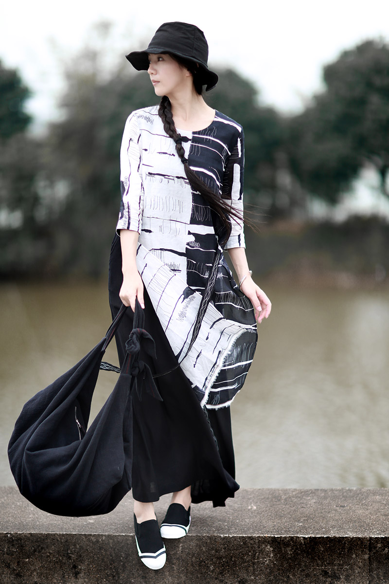 X555/SML阿元作品原创黑白色苎麻假两件宽松中长款连衣裙洋气袍子