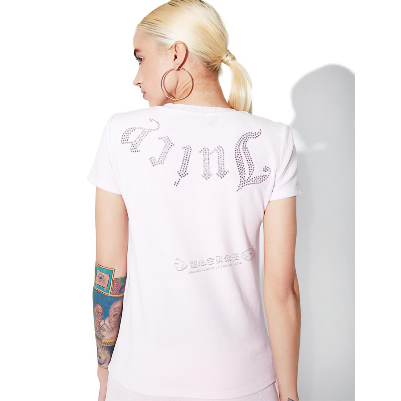国内现货 甜心美国购 Juicy Couture 水钻字母 粉色天鹅绒短袖T恤