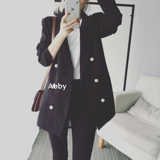Abby 2016早秋新款韩国大热款珍珠双排扣气质西装外套