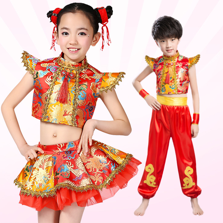 圣诞元旦儿童打鼓表演出服喜庆中国风开门红色开场舞舞蹈服秧歌服