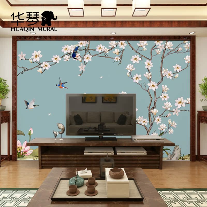 华琴 现代中式花鸟手工画无缝壁画定制 客厅卧室影视墙壁纸墙布
