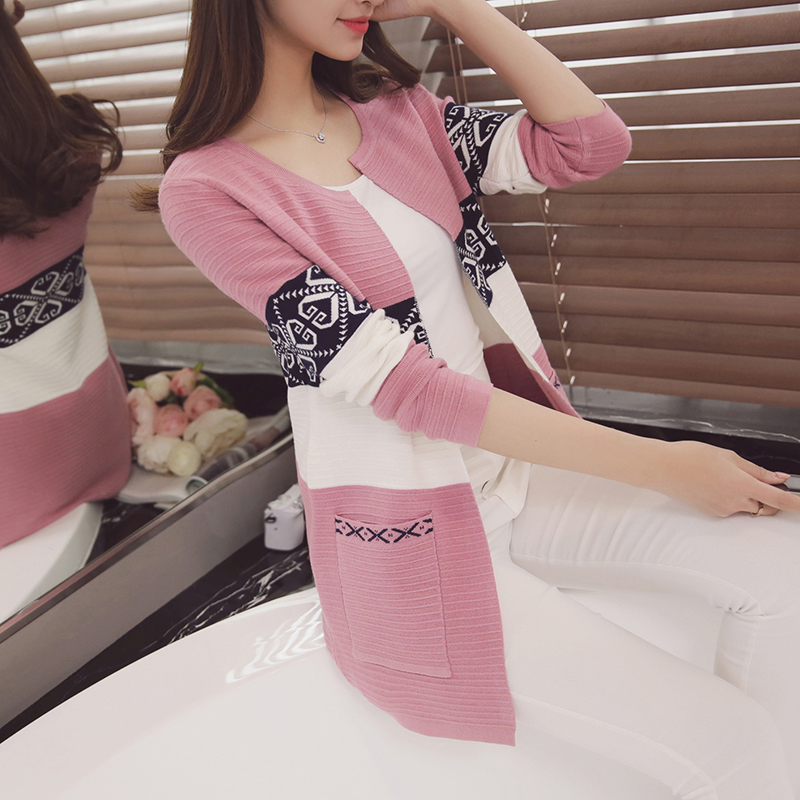 2016秋新款韩版长袖针织衫开衫女装提花拼接外套中长款宽松毛衣
