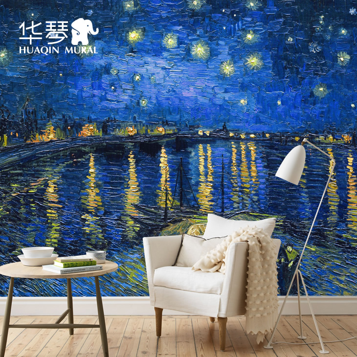 华琴 梵高罗纳河上的星夜大型无缝壁画定制 客厅卧室影视墙墙布