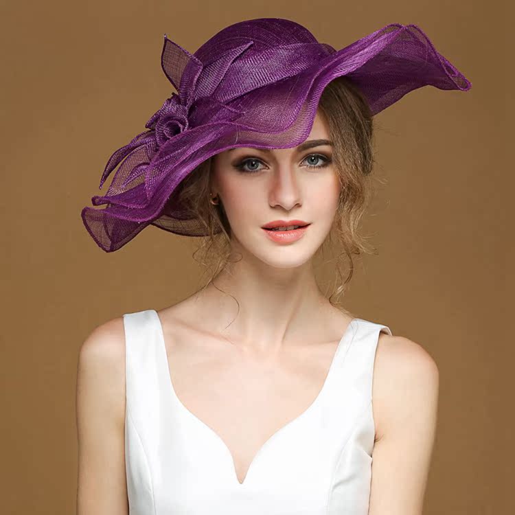 英伦皇室贵族麻纱帽紫罗兰花朵遮阳帽防晒防紫外线帽子女包邮