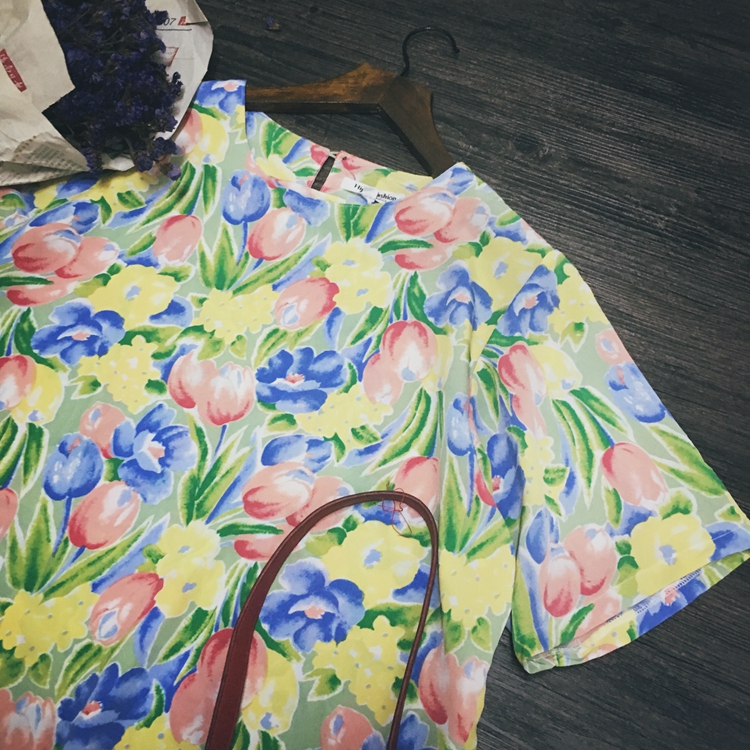 【MISS小叶】日本vintage复古森女柔和油画风撞色花朵古着短袖T恤
