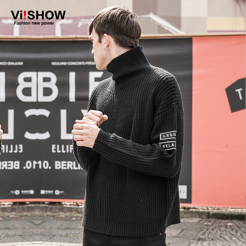 VIISHOW2016秋装新款男士针织衫字母印花毛衣男套头半高领毛线衣