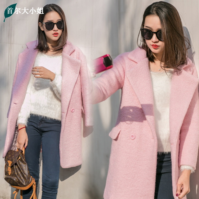 2016冬季韩版落肩粉红色毛呢外套女中长款 宽松呢子大衣加厚夹棉