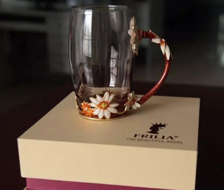高档珐琅彩花朵玻璃水杯子带手柄 创意女士泡茶杯生日礼物礼盒装