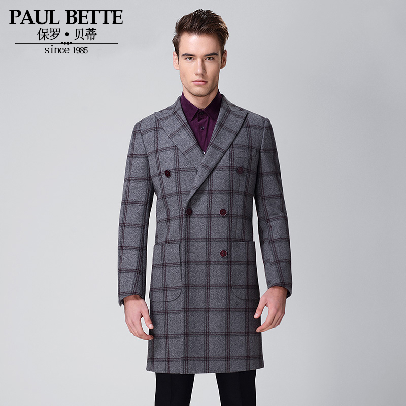 【8天预售】PAUL BETTE（保罗贝蒂）灰色格子全羊毛商务男大衣