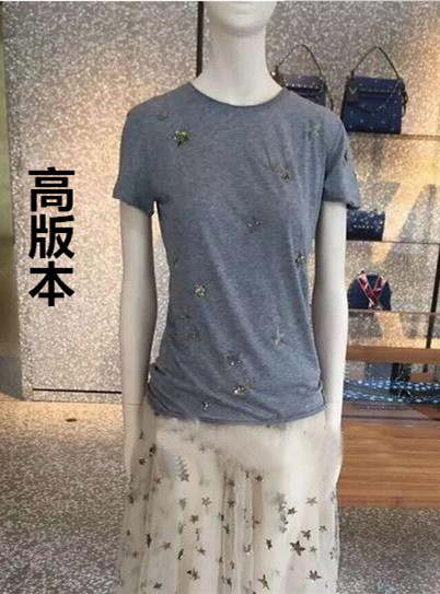 烟灰色上衣2016夏季新款韩版修身圆领全棉星星刺绣亮片t恤女短袖