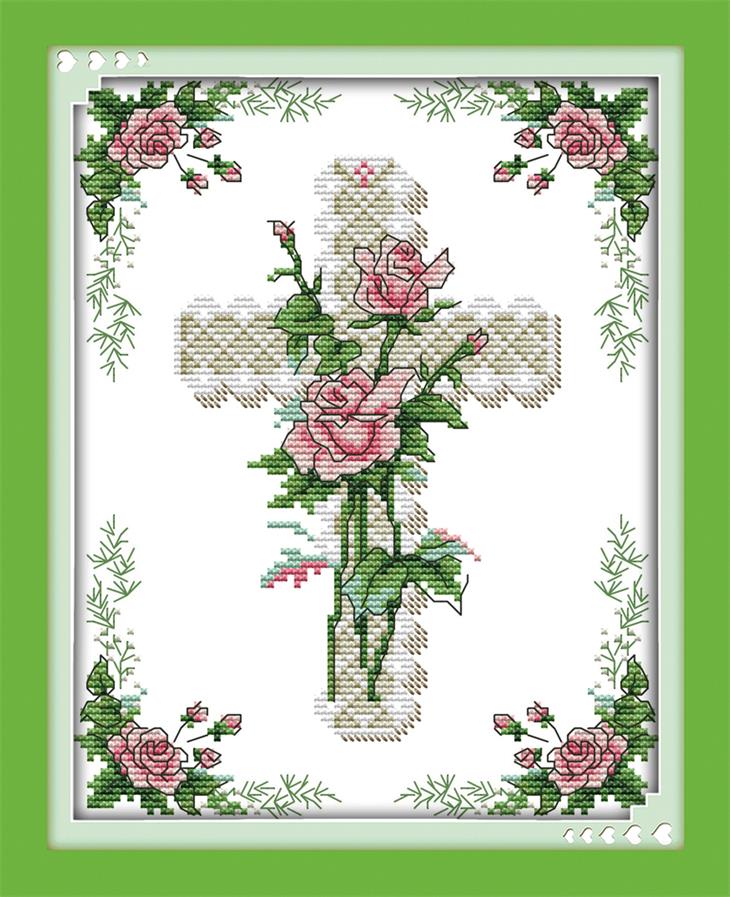 新款印花十字绣玫瑰之心十字架宗教植物卉卧室走廊挂画套件送朋友