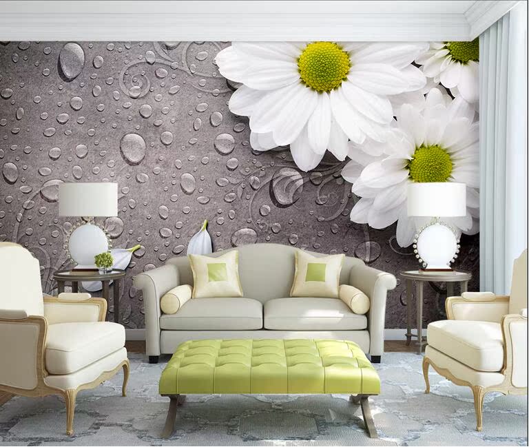 墙纸壁画3d立体背景墙客厅卧室复古白色水珠花朵背景无缝大型壁画
