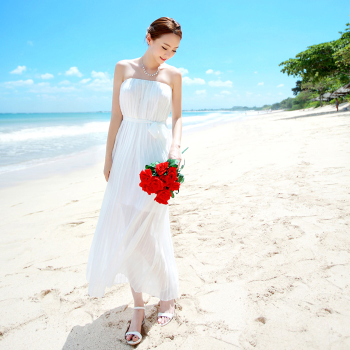 夏季白色雪纺沙滩裙海边度假一字领连衣裙波西米亚蜜月婚纱海滩裙