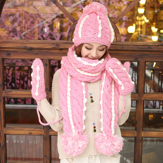 韩国冬季女生毛线帽子围巾手套三件套装可爱礼物帽子围脖手套一体