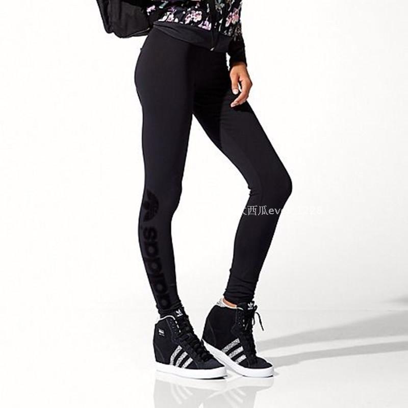 adidas 三叶草 国内专柜 女子 黑色LOGO 运动紧身打底裤 F78413